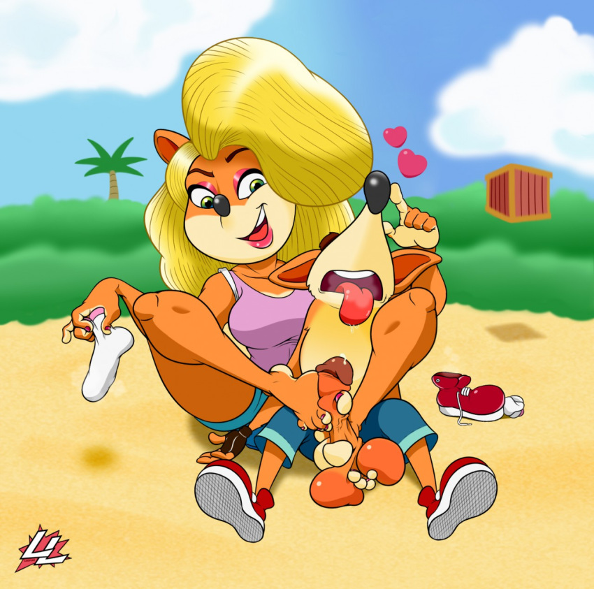 1boy 1girls 5_fingers 5_toes activision balls bandicoot barefoot beach blonde_hair bodily_fluids clothing crash_(series) crash_bandicoot crate drooling duo feet feet_on_balls female fingerless_gloves fingers foot_fetish foot_play footjob genitals gloves green_eyes hair handwear heart hi_res humanoid_feet humanoid_genitalia humanoid_hands humanoid_penis lazzylad legwear male mammal marsupial open_mouth orange_penis penis saliva sand seaside sex socks straight tawna_bandicoot toes tongue tongue_out tree video_games