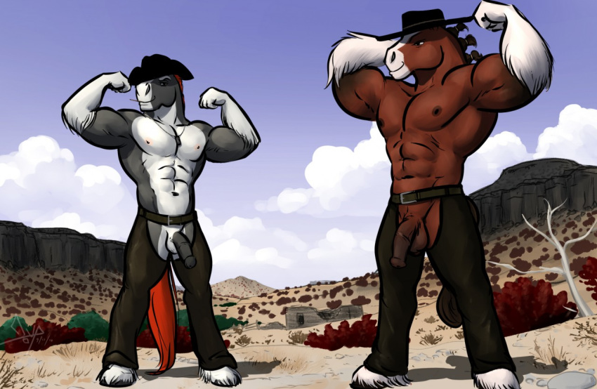 2017 abs anatomically_correct anatomically_correct_genitalia anatomically_correct_penis animal_genitalia animal_penis anthro balls bgn biceps blue_sky brown_balls brown_body brown_fur brown_mane brown_penis brown_tail chaps clothed clothing cloud clydesdale cowboy_hat day dead_tree desert detailed_background digital_media_(artwork) dog_tags draft_horse duo equid equine equine_penis feathering flaccid flexing fur genitals grey_body grey_fur grey_penis hat headgear headwear hooves horse jodira male male_only mammal mane medial_ring multicolored_body multicolored_fur muscular muscular_male navel nipples outside pecs penis plant rannik red_tail shrub sky smile smirk standing tree two_tone_body two_tone_fur white_balls white_body white_fur