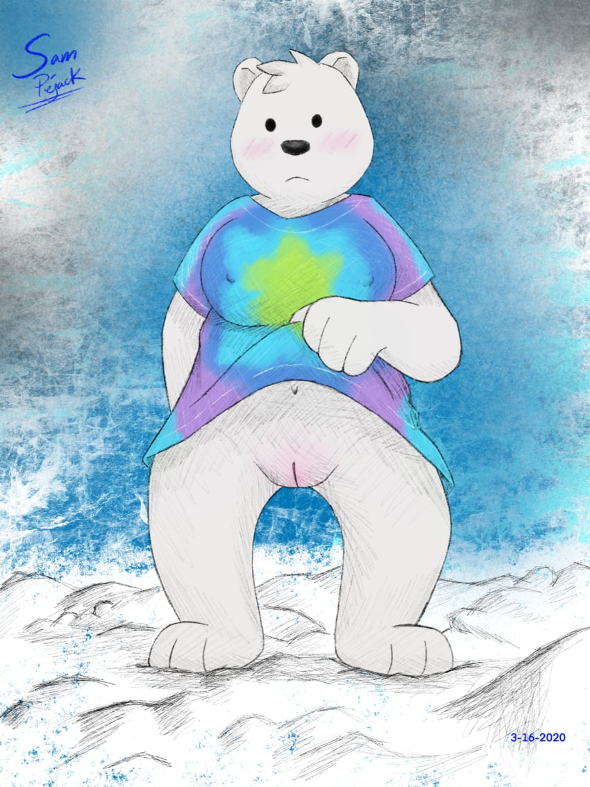 cartoon_network clothing female fur genitals hi_res ice ice_bear mammal polar_bear pussy rule_63 samuel_pejack shirt snow t-shirt topwear ursid ursine we_bare_bears white_body white_fur