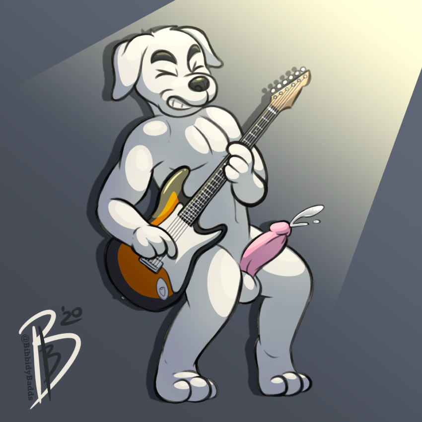 2020 animal_crossing anthro balls bibbidy bodily_fluids canid canine canis closed_eyes cum domestic_dog ejaculation electric_guitar fur genital_fluids genitals guitar hi_res hunting_dog jack_russell_terrier k.k._slider male male_only mammal musical_instrument nintendo nude orgasm penis pink_penis playing_guitar playing_music plucked_string_instrument rock_out_with_your_cock_out signature smile solo spotlight standing string_instrument terrier video_games white_body white_fur