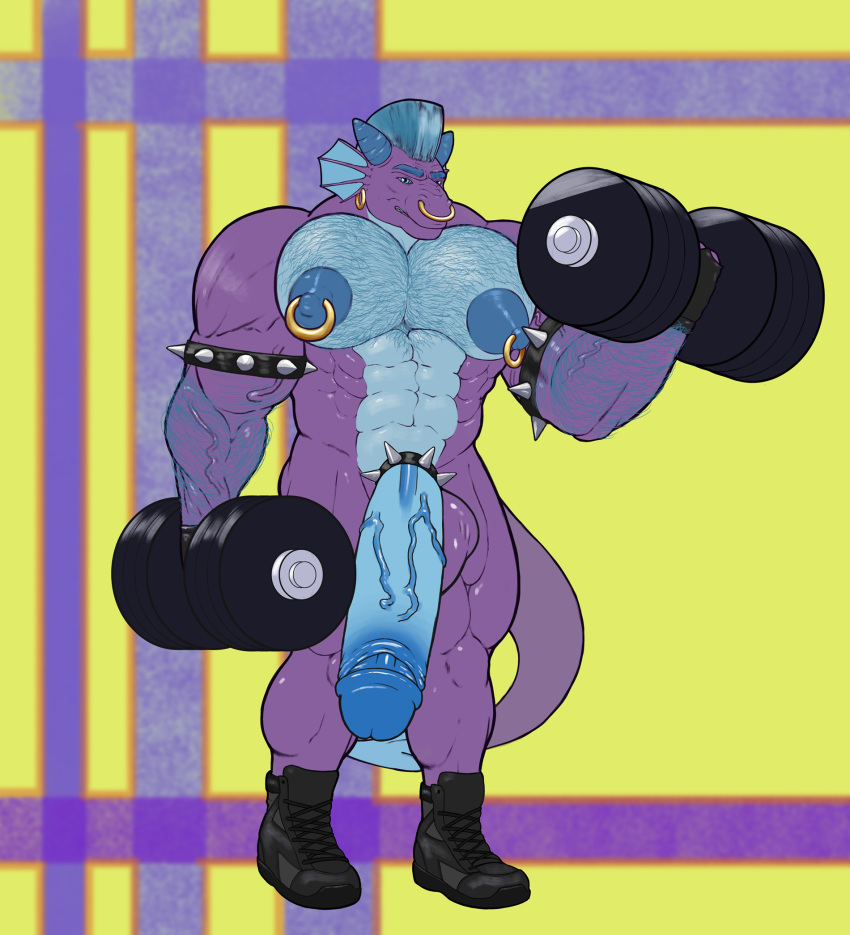 2020 5_fingers abs anthro armband armlet balls barbell biceps big_balls big_biceps big_muscles big_nipples big_penis biped blue_penis blue_skin body_hair bodybuilder boots chest_hair circumcised clothing cock_ring deltoids demino_(deminothedragon) digital_media_(artwork) dragon dumbell ear_piercing erect_nipples erection exercise facial_piercing fingers footwear front_view full_body genitals gills hair hairy_chest hairy_male hanging_penis hi_res horn horns huge_balls huge_cock huge_muscles huge_nipples humanoid_genitalia humanoid_penis hyper hyper_genitalia hyper_pecs hyper_penis looking_at_viewer male male_nipples male_only mihaelt mohawk muscles muscular muscular_male muscular_thighs nipple_piercing nipple_rings nipples nose_piercing nose_ring nude pecs penis piercing piercings purple_balls purple_skin retracted_foreskin scalie septum_piercing serratus_anterior shoelaces shoes simple_background smile solo spiked_armlet spiked_cock_ring standing two_tone_skin unknown_species vein veins veiny_penis weightlifting weights workout