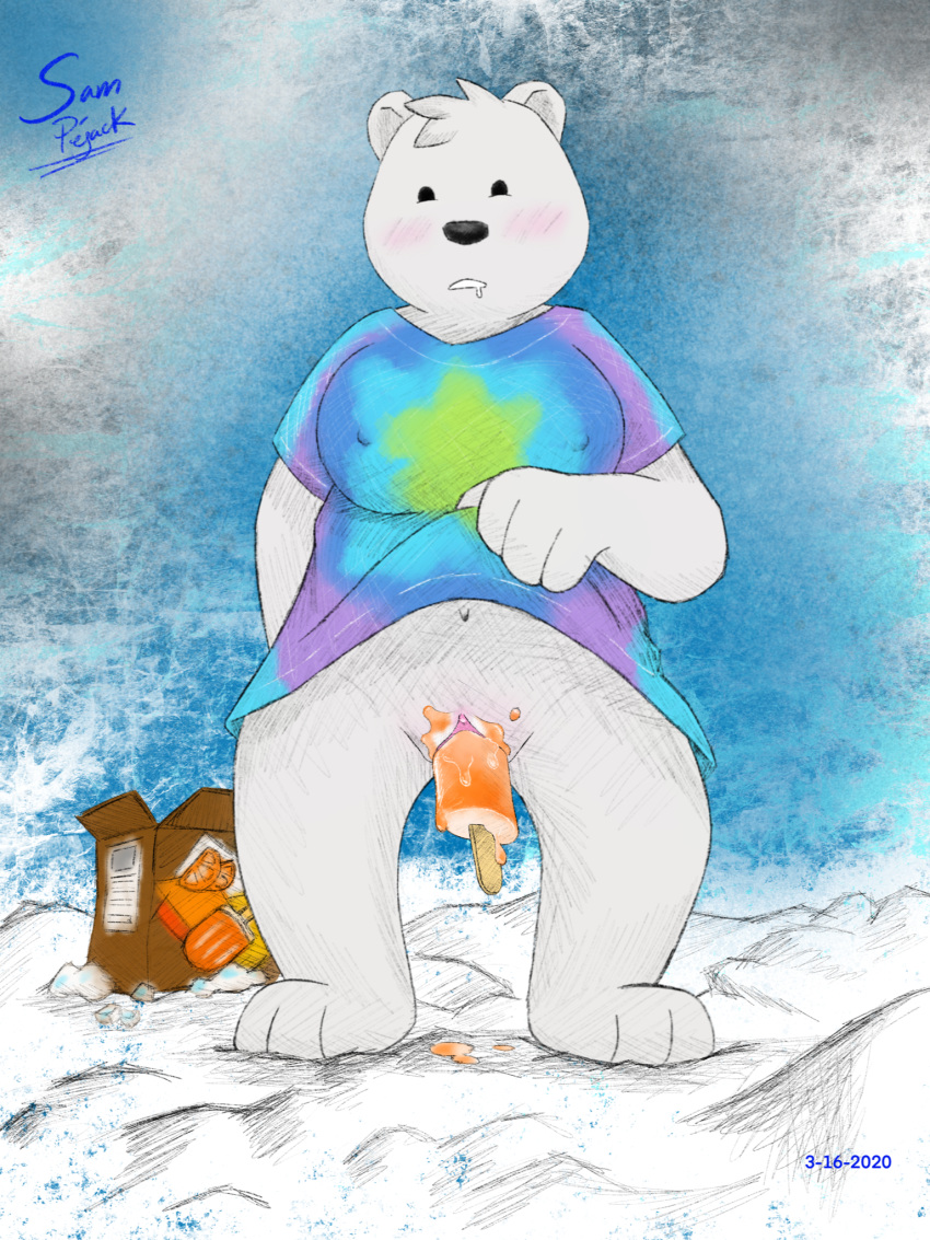 anthro beady_eyes big_breasts blush bodily_fluids bottomless box breasts cartoon_network clitoris clothed clothing clothing_lift cold drooling female food food_fetish food_penetration food_play fur genitals half-closed_eyes hi_res ice ice_bear improvised_dildo improvised_sex_toy looking_pleasured mammal mtf_crossgender narrowed_eyes navel nipple_outline open_mouth polar_bear popsicle popsicle_in_pussy popsicle_insertion presenting presenting_pussy pussy rule_63 saliva samuel_pejack shirt shirt_lift snow tie-dye topwear ursid ursine we_bare_bears white_body white_fur