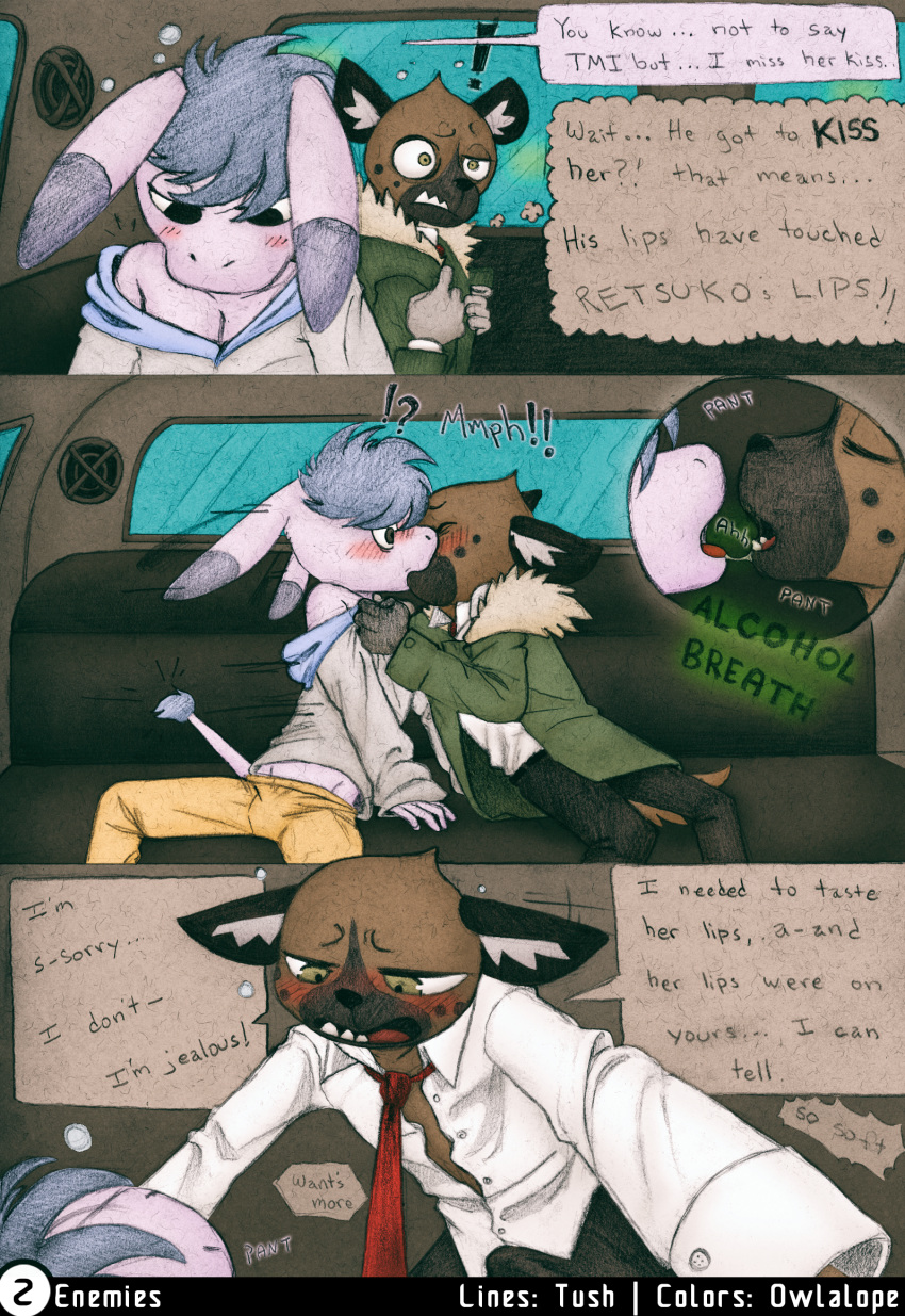 aggressive_retsuko asinus blush bulge car comic donkey equid equine erection haida hi_res hyaenid kissing male male/male male_only mammal owlalope sanrio smooth_fur spotted_hyena tadano_(aggretsuko) tush vehicle