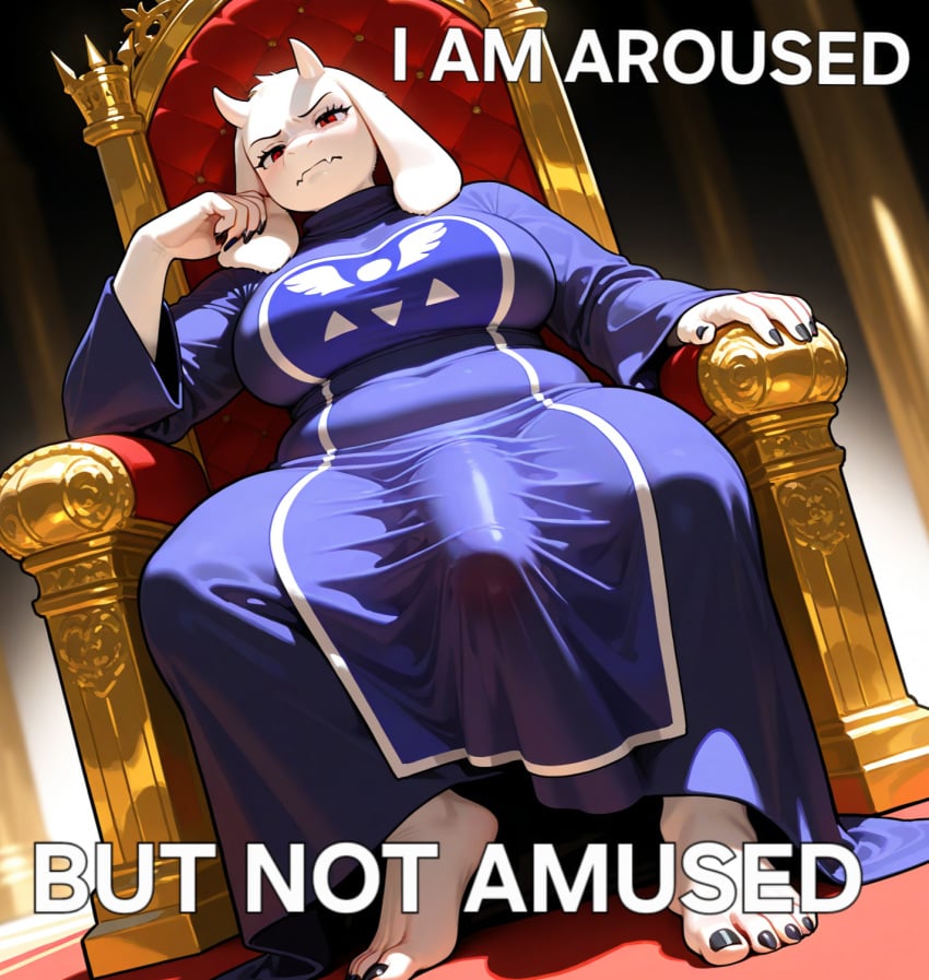 ai_generated angry annoyed arm_rest arm_support aroused black_nails black_toenails breasts bulge caption chair claws clothed clothing deltarune displeased dress feet futanari gold_(metal) hand_on_cheek huge_breasts huge_penis legs_apart long_ears manspreading meme meme_caption meme_reference penis penis_bulge penis_under_clothes pitching_a_tent queen red_eyes robe royal royalty sitting text throne throne_room toe_claws toriel unamused undertale white_hair