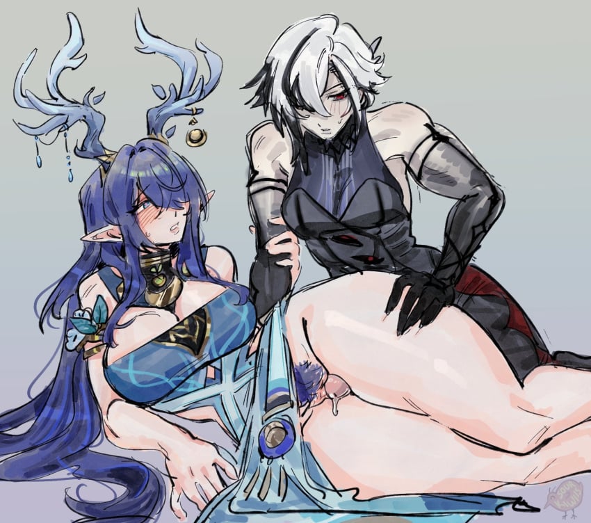 1futa 1girls arlecchino_(genshin_impact) athletic athletic_female big_boobs big_breasts big_tits blush blushing boobs breasts cleavage clothed clothed_sex clothes clothing curvaceous curvaceous_body curvaceous_female curvaceous_figure curvaceous_hips curvy curvy_body curvy_female curvy_figure dickgirl dominant_female female female_focus futanari genshin_impact hips hoyoverse lauma_(genshin_impact) long_hair no_panties pussy short_hair submissive_female sweeter_kiwiis thick_hips thick_thighs thigh_job thighjob thighs tits wide_hips