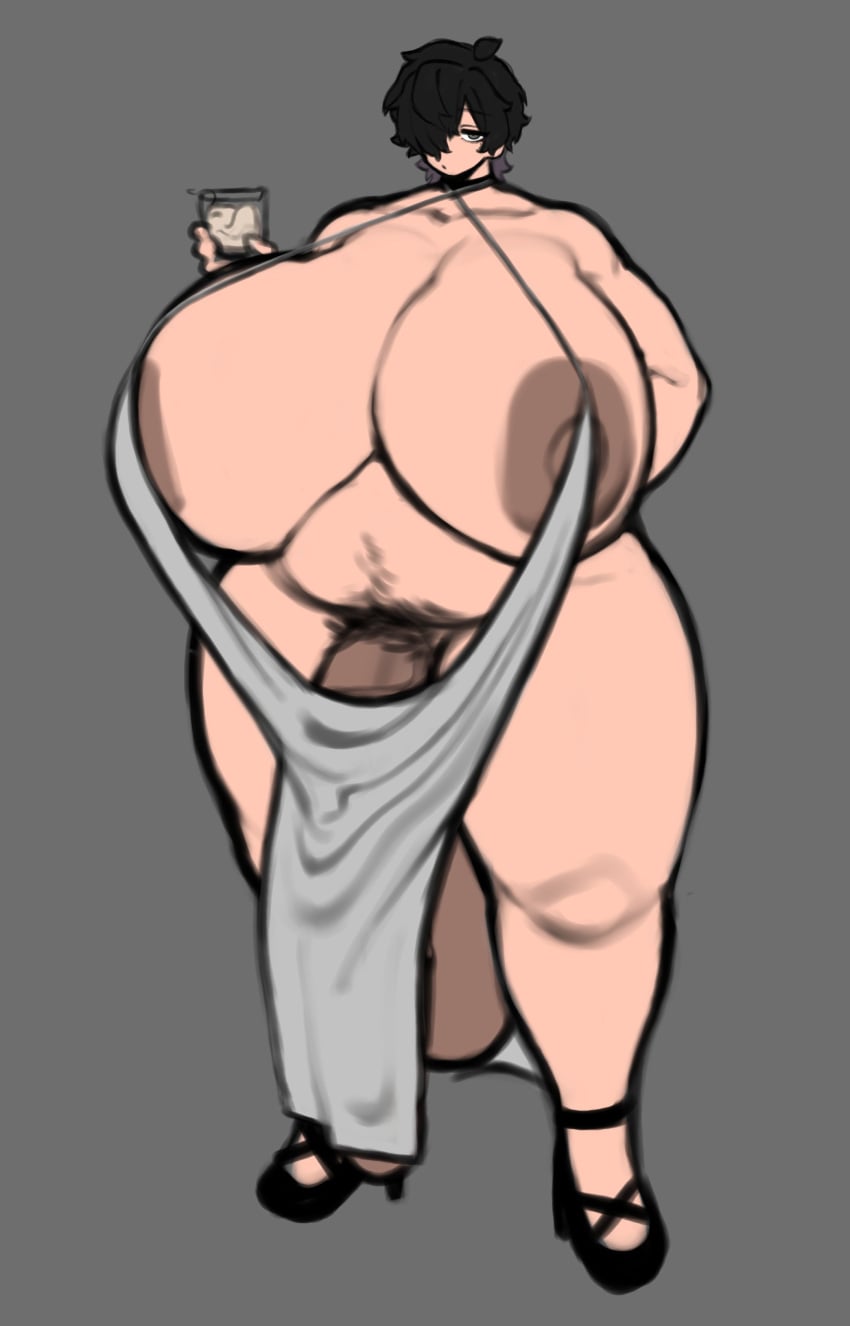 1futa 1girls areola_slip black_hair dress flaccid futanari goth hairy_pussy light_skin loincloth massive_breasts massive_penis mctamagomaki nipples nipples_visible_through_clothing pelvic_curtain short_hair skimpy skimpy_clothes skimpy_dress solo solo_futa thick thick_thighs tomboy