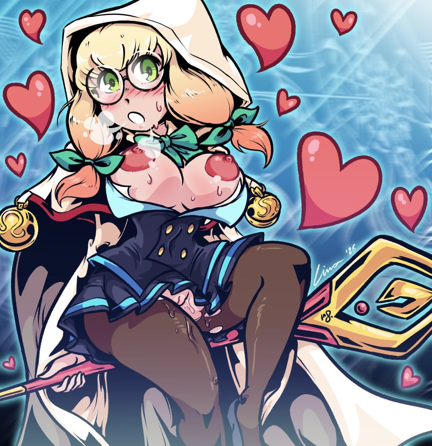 1girls 2d 2d_(artwork) areolae blazblue blazblue:_central_fiction blonde blonde-haired_female blonde_female blonde_hair blonde_hair_female blush_lines blushing breasts breasts_out hearts hood linaciari nipples pantyhose pinup pussy pussy_peek solo solo_female staff steam_clouds sweaty tagme trinity_glassfield vagina