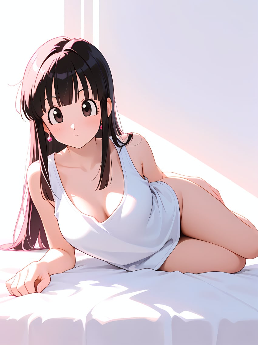 1girl absurd_res absurdres ai-created ai-generated ai_art ai_generated arm_support artist_name athletic_female bangs bare_arms bare_shoulders bed_sheet black_hair blunt_bangs blush boobs bottomless breasts brown_eyes bust chest chi-chi_(dragon_ball) cleavage closed_mouth collarbone dragon_ball dragon_ball_super dragon_ball_z earrings female fit_female gumtoof heart hi_res high_quality high_resolution large_breasts long_hair looking_at_viewer lying medium_breasts morning on_bed on_side patreon shirt sleeveless sleeveless_shirt smile solo stable_diffusion tagme tank_top thighs tits uncensored white_shirt white_tank_top