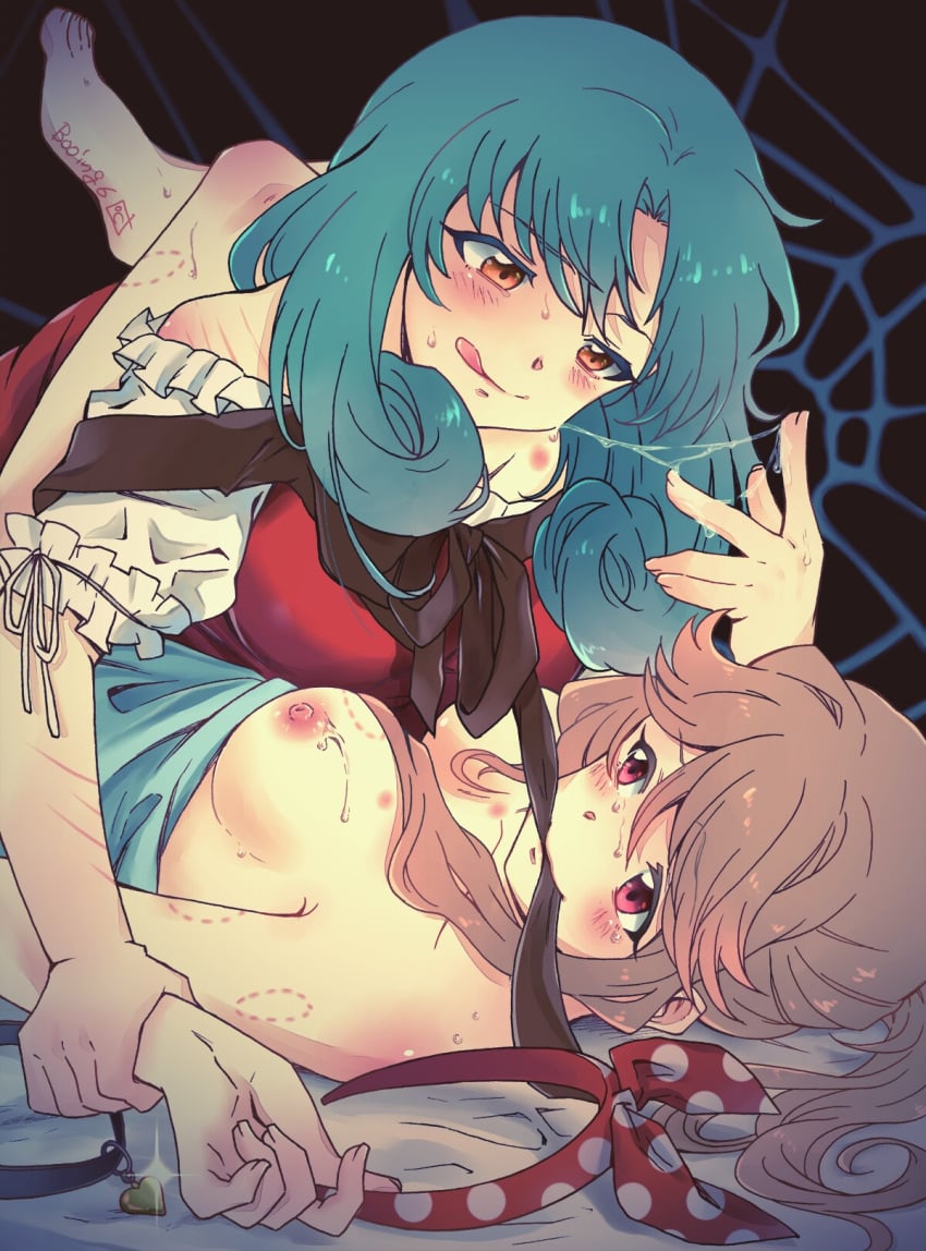 2girls :q barefoot bite_mark bite_mark_on_arm bite_mark_on_breast black_ribbon booing6 breasts brown_hair closed_mouth commentary_request green_hair hairband highres holding_another's_wrist idolmaster idolmaster_million_live! leg_lock looking_at_another lying medium_breasts mouth_hold multiple_girls nipples on_back orange_eyes pink_eyes ribbon ribbon_in_mouth saliva saliva_trail tenkubashi_tomoka tokugawa_matsuri tongue tongue_out unworn_hairband yuri