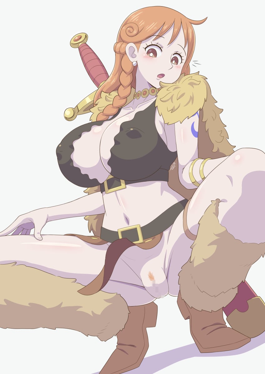 1girl absurdres bangle belt belt_buckle blush boots bracelet braid breasts brown_boots brown_eyes brown_loincloth buckle capelet censored choker cleavage clothes_lift collarbone covered_nipples crop_top earrings english_commentary female_pubic_hair fur_capelet fur_leg_warmers gold_bangle gold_choker half_up_braid hand_on_own_thigh highres janvarovich jewelry large_breasts leg_warmers loincloth loincloth_lift long_hair looking_down midriff mosaic_censoring multiple_braids nami_(one_piece) navel no_bra no_panties notice_lines official_alternate_costume official_alternate_hairstyle one_piece open_mouth orange_hair pearl_earrings pubic_hair pussy shoulder_tattoo simple_background solo squatting sword sword_on_back tattoo thigh_strap variant_set weapon weapon_on_back wind wind_lift yellow_capelet