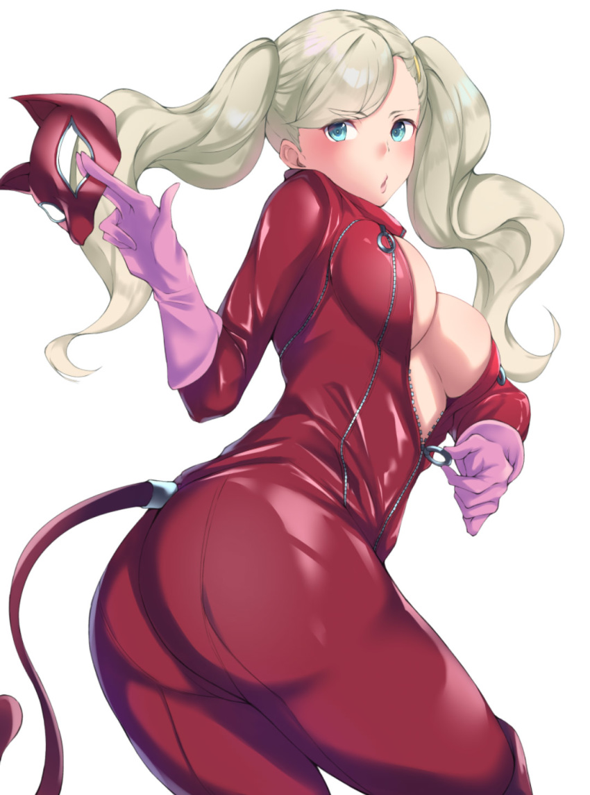 ann_takamaki atlus big_breasts black_mutou blonde_hair blue_eyes bodysuit female female_only human long_hair looking_at_viewer megami_tensei pale_skin panther(p5) persona persona_5 phantom_thief_suit sega solo solo_female solo_focus tail thick_thighs twintails unzipped unzipped_bodysuit unzipping