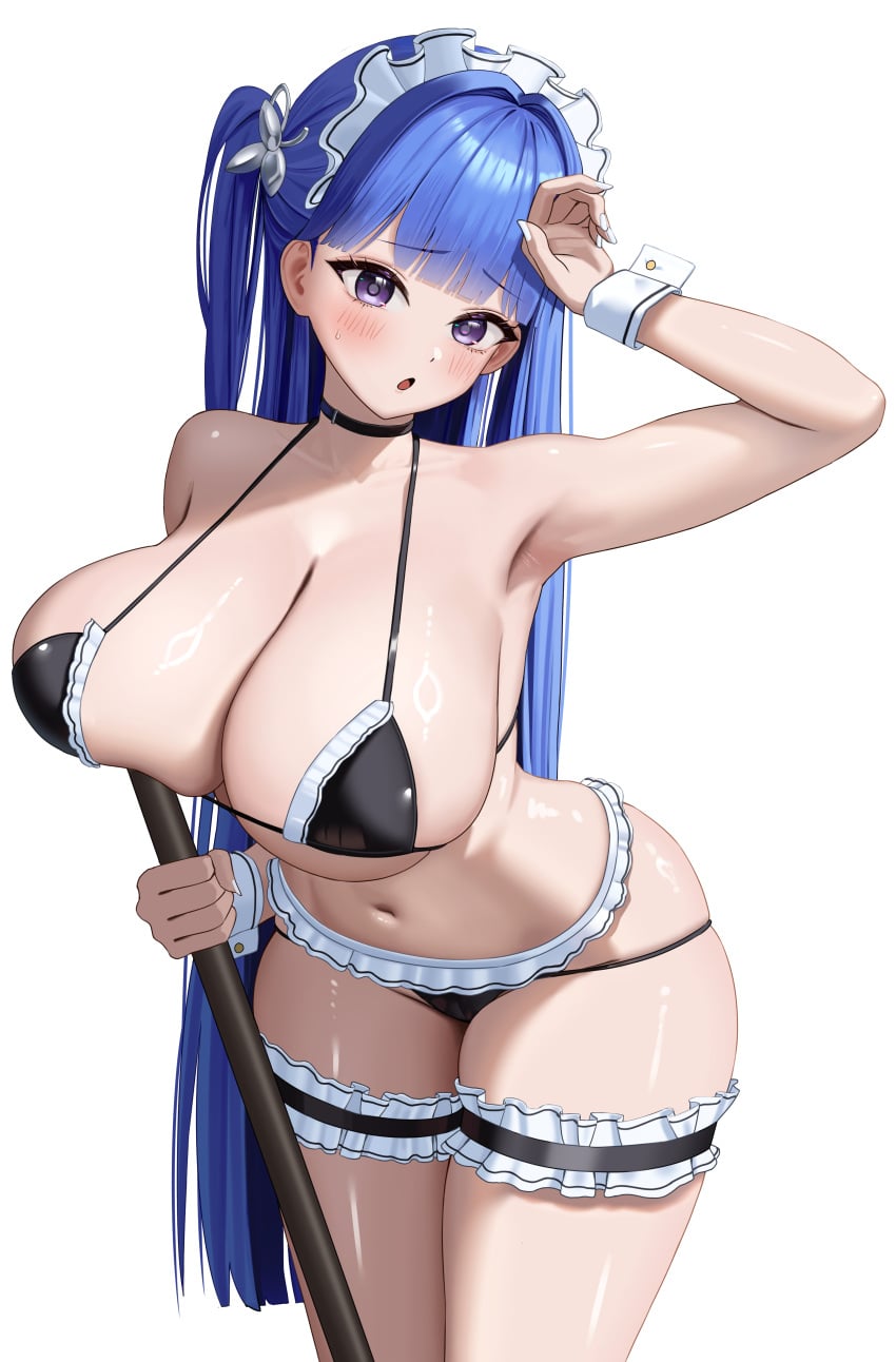 1girl absurdres alternate_breast_size_(larger) apron arcana_(nikke) bikini black_bikini blue_hair breasts broom cleavage commentary_request frilled_thigh_strap goddess_of_victory:_nikke highres holding holding_broom huge_breasts long_hair looking_at_viewer maid maid_apron maid_bikini maid_headdress midriff navel purple_eyes simple_background solo swimsuit thigh_strap thighs unconventional_maid very_long_hair white_background won_(won3355) wrist_cuffs