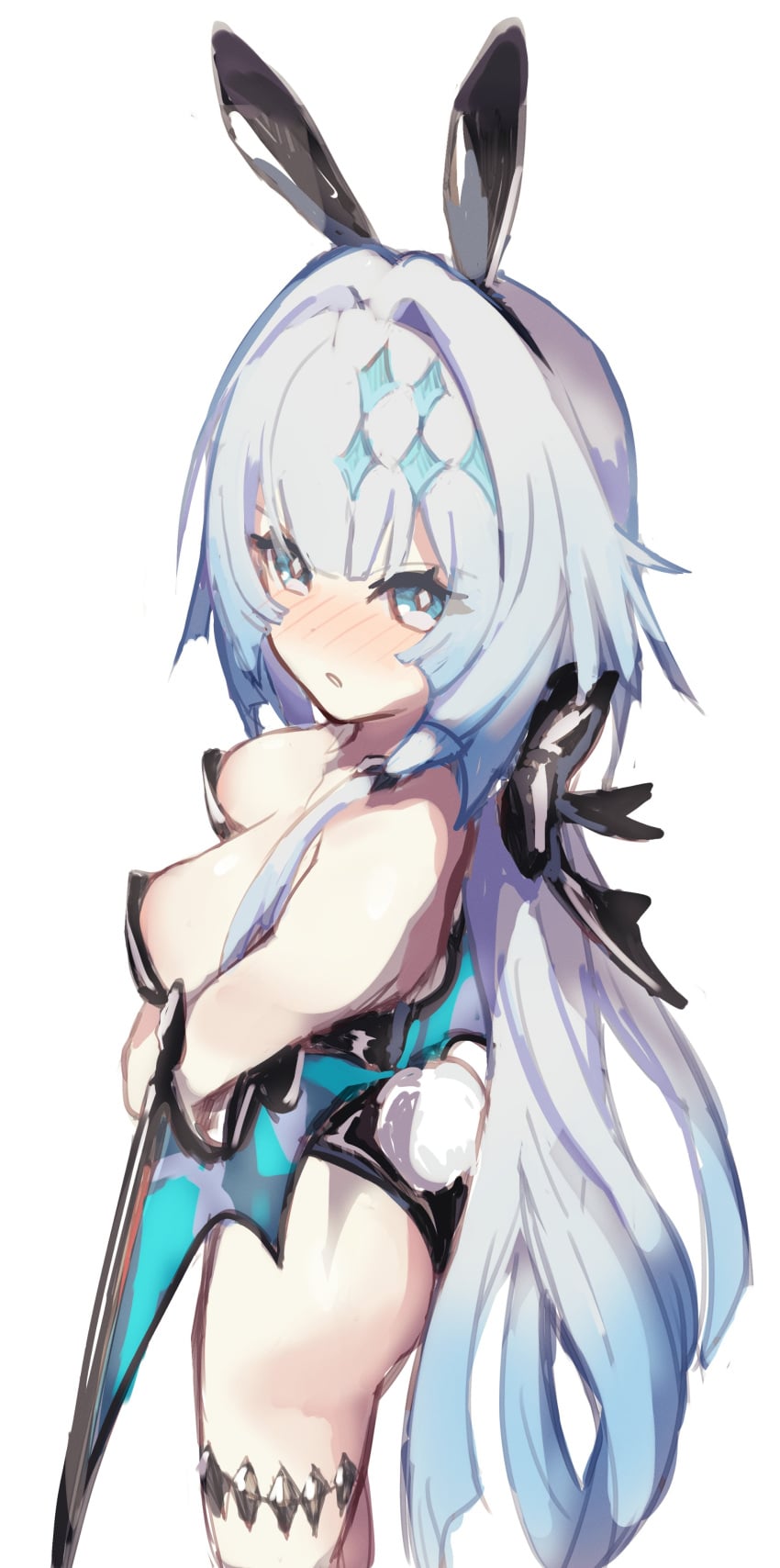 1girl animal_ears ass bare_shoulders black_leotard blue_eyes blue_hair blush breasts bunnysuit cerydra_(honkai:_star_rail) clothing cropped_legs crossed_arms fake_animal_ears fake_tail female from_side gradient_hair grey_eyes grey_hair hair_intakes hair_ornament honkai:_star_rail leotard long_hair looking_at_viewer medium_breasts multicolored_hair nose_blush playboy_bunny rabbit_ears rabbit_tail simple_background solo strapless strapless_leotard tail takahashi_hizumi thigh_strap very_long_hair white_background white_hair wings