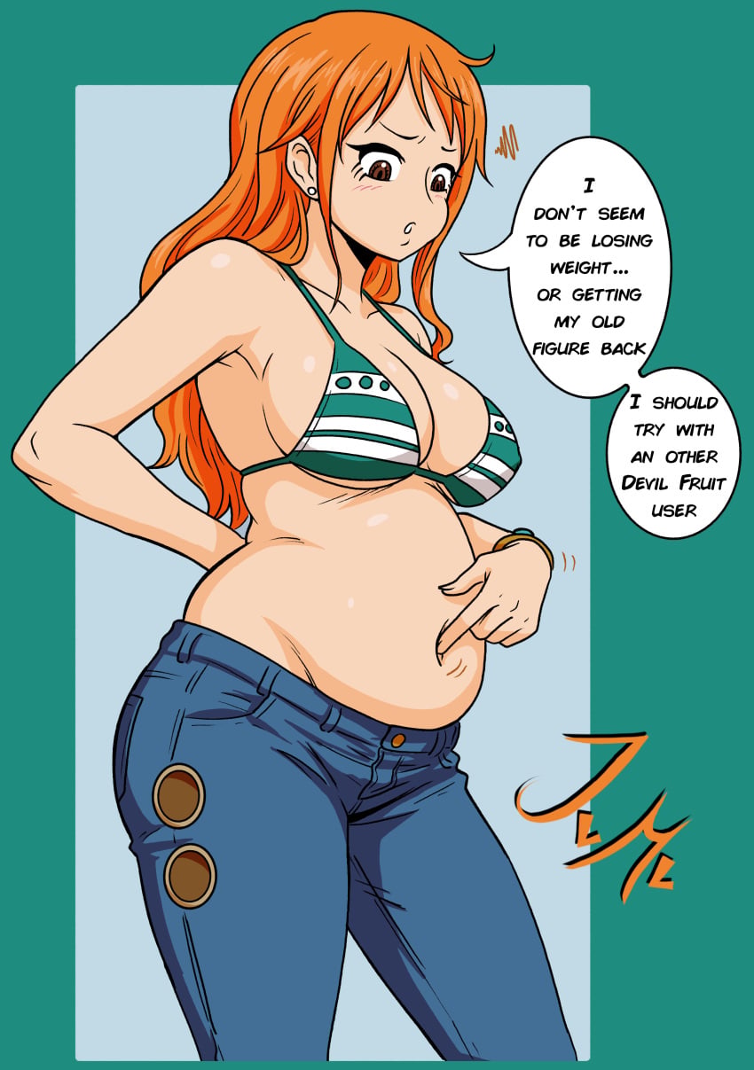 after_vore ass_expansion belly bikini blush breast_expansion chubby digestion jeans jevmav large_breasts looking_down nami_(one_piece) one_piece poking_belly post-timeskip tummy weight_gain worried