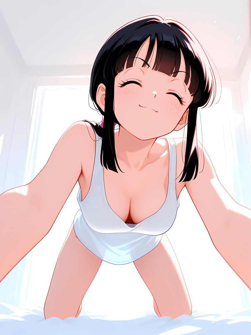 1girl absurd_res absurdres ai-created ai-generated ai_art ai_generated all_fours artist_name athletic_female backlighting bangs bare_arms bare_shoulders black_hair blunt_bangs blush boobs breasts bust chest chi-chi_(dragon_ball) cleavage closed_eyes closed_mouth collarbone curtains downblouse dragon_ball dragon_ball_super dragon_ball_z facing_viewer female fit_female foreshortening gumtoof hi_res high_quality high_resolution indoors long_hair medium_breasts morning patreon ponytail shirt sidelocks smile solo stable_diffusion tagme tank_top tits uncensored white_shirt white_tank_top window