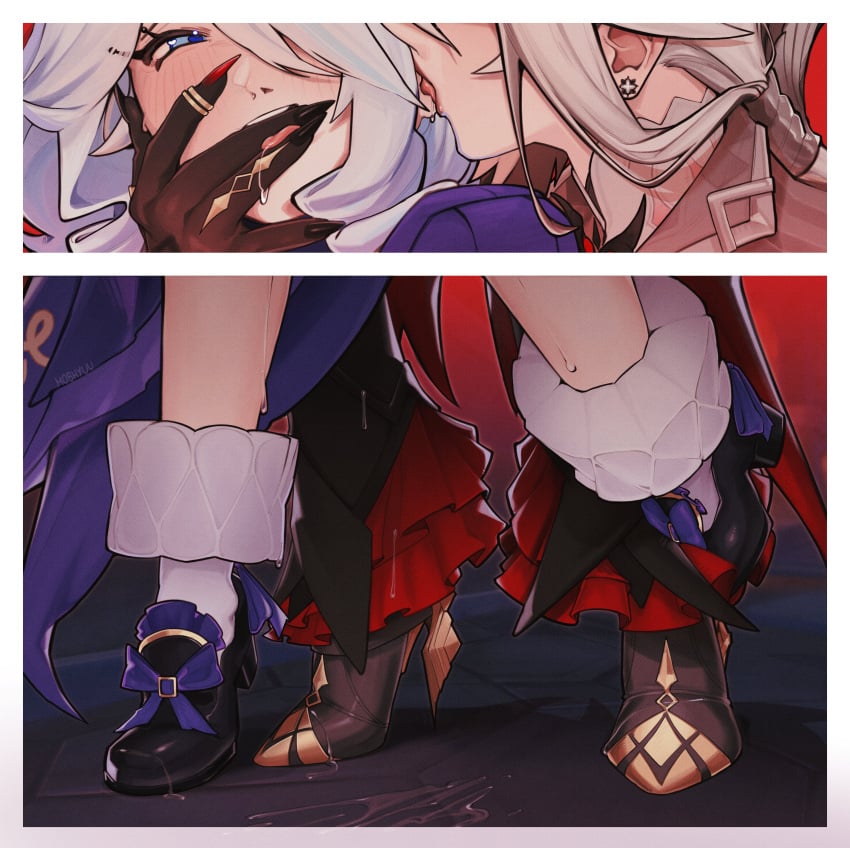 arlecchino_(genshin_impact) blush blushing dominant_female dubious_consent female female_focus female_only fucked_from_behind furina_(genshin_impact) genshin_impact heels hoyoverse implied_sex implied_sex_from_between_legs larger_female lick licking moshyuu shorter_female smaller_female submissive_female taller_female tongue yuri