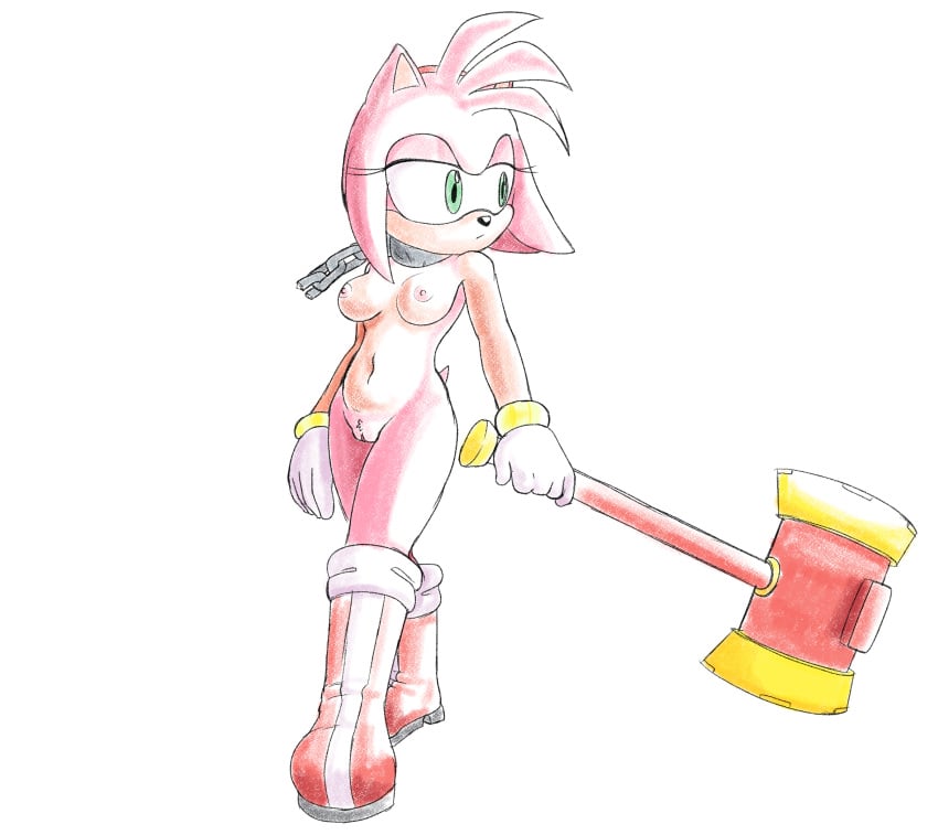 amy_rose anthro boots bracelet breasts broken_chain chains clothing collar eulipotyphlan female footwear fours_(artist) genitals gloves green_eyes hammer handwear hedgehog hi_res holding_object holding_weapon jewelry mammal mostly_nude nipples piko-piko_hammer piko_piko_hammer pussy simple_background solo sonic_(series) sonic_the_hedgehog_(series) standing tools walking weapon white_background