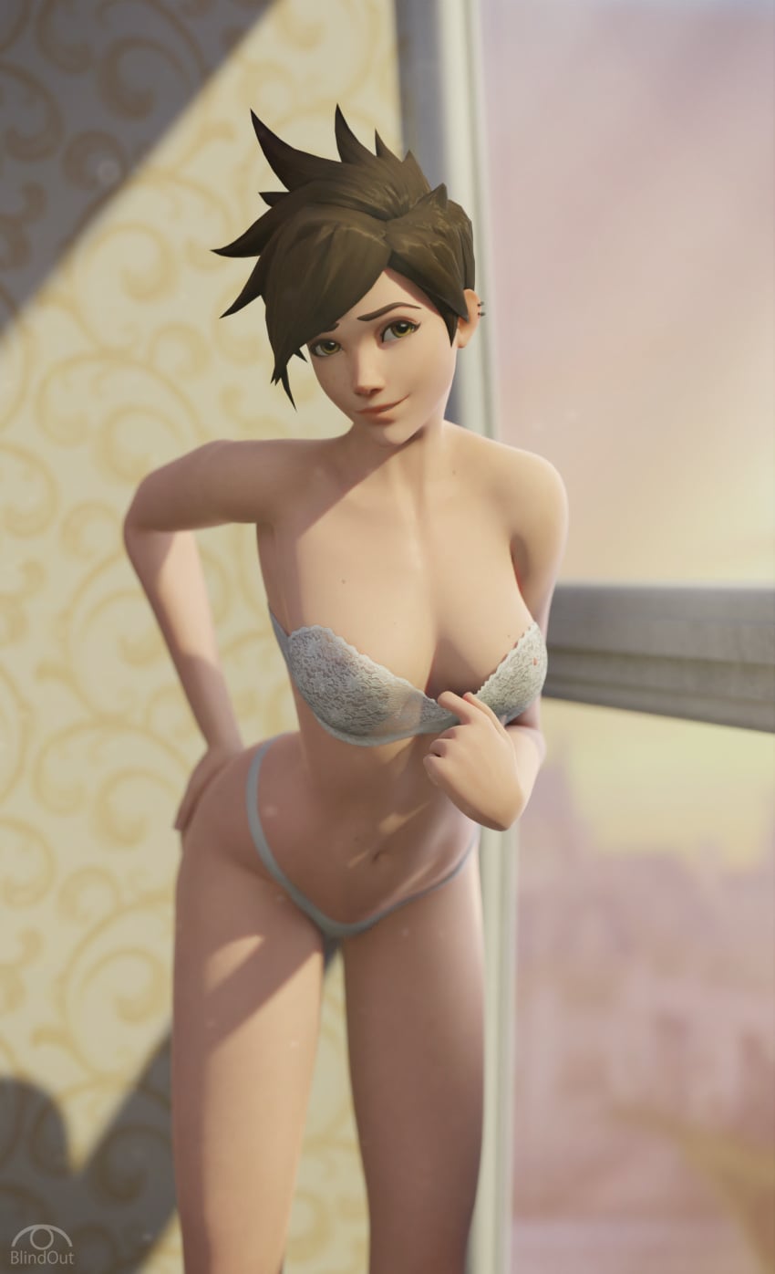 1girl 3d blindout female lingerie overwatch overwatch_2 petite short_hair solo solo_focus tracer underwear
