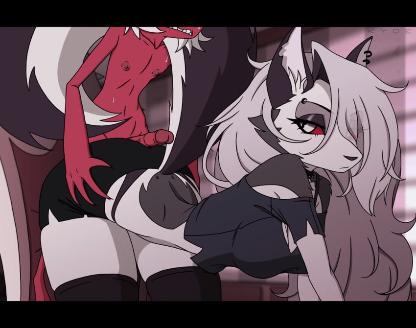 2d_(artwork) 2d_animation all_fours animated anthro ass breasts butt_grab canid canid_demon clothed clothed_sex clothing demon duo ear_piercing ears_up female genitals goth hair hand_on_butt hellhound helluva_boss hot_dogging humanoid imp kyde larger_female legwear long_hair loona_(helluva_boss) male male/female mammal moxxie_(helluva_boss) penis piercing red_sclera sex short_playtime size_difference smaller_male standing standing_sex tail unimpressed white_hair yellow_sclera