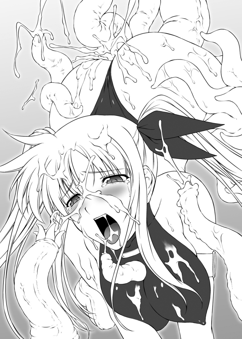 all_fours anal armband ass between_breasts blush bow breasts bukkake cum cum_everywhere cum_explosion doggy_style ejaculation erect_nipples fate_testarossa female from_behind highres large_breasts leotard lyrical_nanoha mahou_shoujo_lyrical_nanoha monochrome monster open_mouth paizuri penis rape rindou_(radical_dream) rindou_aya tear tentacle tentacle_between_breasts tentacle_rape tentacle_sex thong_leotard tied_hair twintails