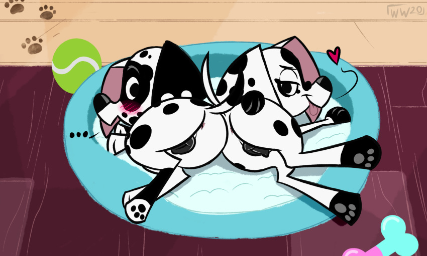 101_dalmatian_street 101_dalmatians 2020 animal_genitalia animal_pussy anus ass ball bedroom_eyes black_body black_fur blush canid canine canine_pussy canis dalmatian dee_dee_(101_dalmatians) digital_media_(artwork) disney dizzy_(101_dalmatians) dog_bed domestic_dog duo female feral fur genitals heart hi_res looking_at_viewer looking_back mammal narrowed_eyes presenting presenting_hindquarters pussy seductive sibling sister smile spots tennis_ball white_body white_fur whitewolf20xx young