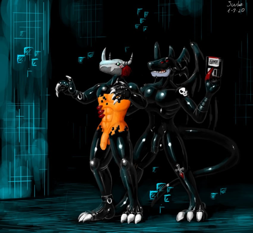 anthro bat_wings bone claws corruption cyberspace devidramon digimon digimon_(species) duo flaccid floppy_disk genitals gimp latex_skin latex_transformation male male/male membrane_(anatomy) membranous_wings muscular muscular_male penis red_eyes rubber skull suule uncut wargreymon wings