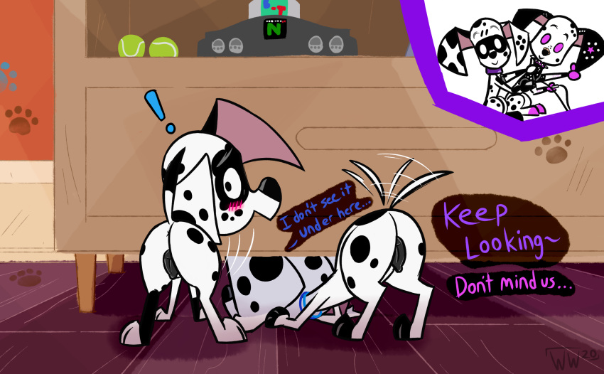 ! 101_dalmatian_street 101_dalmatians 2020 animal_genitalia animal_pussy anus ass ball bent_over black_body black_fur blush canid canine canine_pussy canis collar dalmatian dee_dee_(101_dalmatians) digital_media_(artwork) disney dizzy_(101_dalmatians) domestic_dog duo_focus english_text fan_character female feral fur gaming genitals gesture group hi_res looking_at_viewer looking_back male mammal nintendo nintendo_64 pink_eyes presenting presenting_hindquarters pussy smile spots tailwag tennis_ball text thumbs_up video_games white_body white_fur whitewolf20xx young