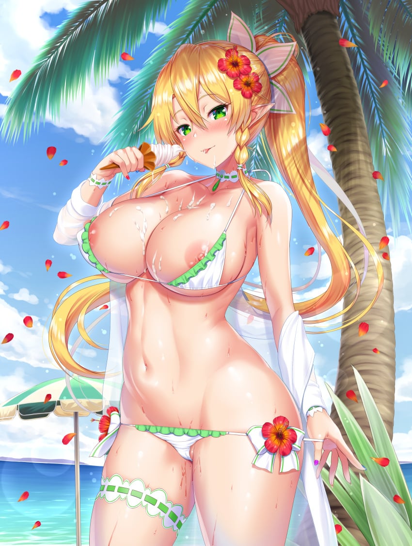 1girls :p absurdres bangs bare_shoulders beach beach_umbrella bikini bikini_tug blonde_hair blue_sky blush braid breasts choker cleavage cloud covered_nipples cowboy_shot day elf elf_ears elf_female eyebrows_visible_through_hair fanbox_reward female fit_female flower food frilled_bikini frills green_eyes grey_bikini groin hair_between_eyes hair_flower hair_ornament head_tilt hibiscus highres holding holding_food hourglass_figure ice_cream ice_cream_cone kawase_seiki large_breasts leafa light-skinned_female long_hair looking_at_viewer nail_polish navel nipple_slip nipples ocean open_mouth outdoors paid_reward palm_tree petals plant pointy_ears ponytail purple_nails shiny shiny_skin sidelocks skindentation sky slim_waist smile solo stomach sweat swimsuit sword_art_online thick_thighs thigh_strap tongue tongue_out tree twin_braids umbrella variant_set very_long_hair wide_hips wings