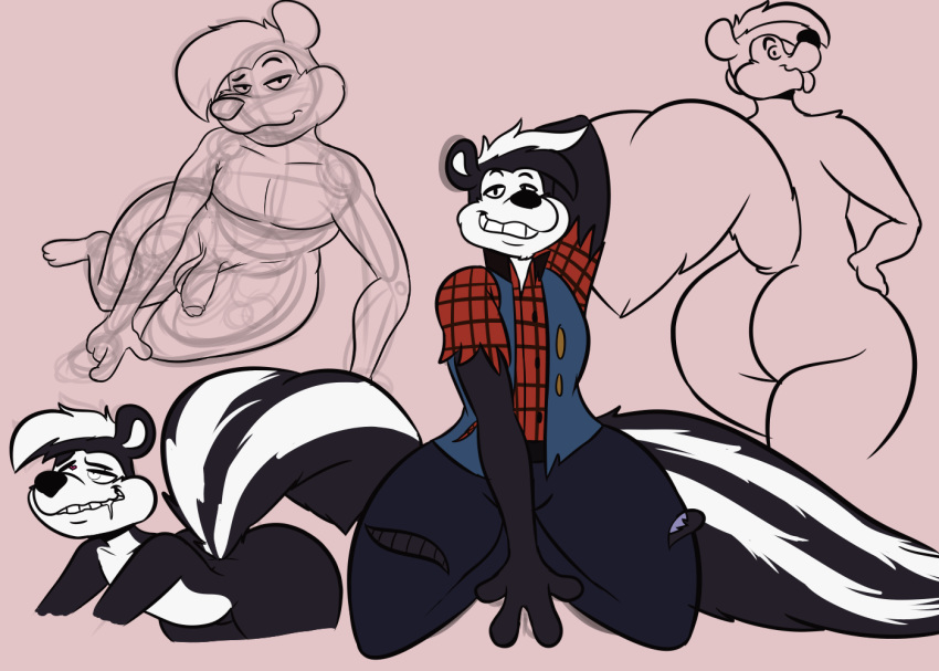 1boy anthro ass balls clothing genitals humanoid looney_tunes male male_only mammal mephitid nude penis pepe_le_pew pose skunk smooth_fur solo solo_male striped_skunk torn_clothing warner_brothers zackdadawg