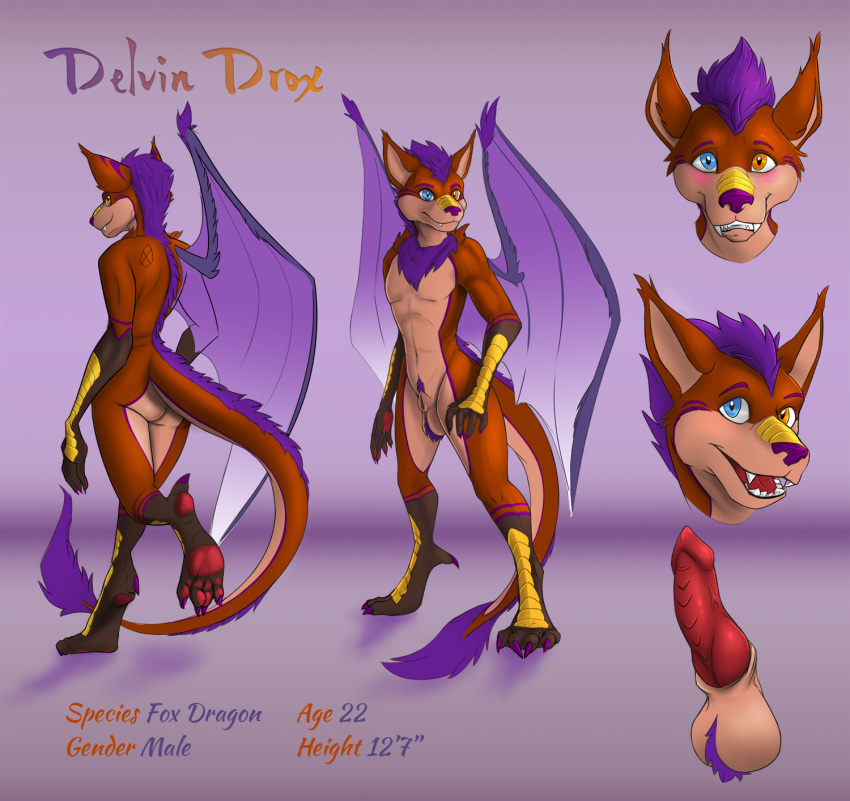 1boy anthro blush canid canine delvin_(character) dragon fangs fox fur genitals hi_res hybrid kaislair male male_only mammal model_sheet momentai penis plates solo solo_male wings