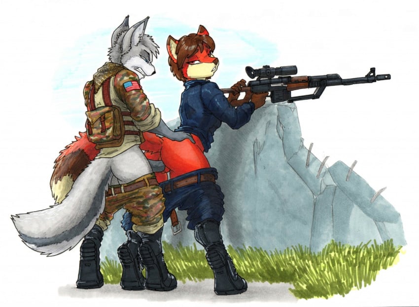 2019 against_wall anthro backpack boots brown_hair camo canid canine canis clothed clothed_female clothed_sex clothing debris duo ewgengster_(artist) female femsub footwear fox furry genitals grass gun hair iris_(zepompom) male maledom mammal military no_panties pants_down partially_clothed penetration penis ranged_weapon rifle sex sniper_rifle standing_sex straight vaginal_penetration weapon wolf