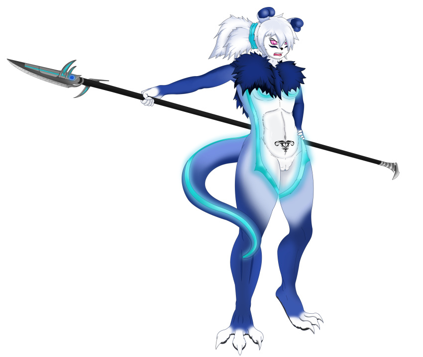 angry anthro auroralumbule blue_body blue_fur breasts canid canine claws clitoris digital_media_(artwork) dorukolorukalai eyebrows female fingers fur furry genitals glaive glowing hair hi_res long_hair mammal markings meera_thufoi melee_weapon navel nude open_mouth pink_eyes polearm ponytail pubic_tattoo pussy simple_background solo standing teeth toes weapon white_body white_fur