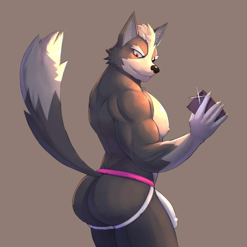 2020 5_fingers anthro ass back_muscles big_butt black_nose bulge canid canine canis cellphone claws clothed clothing fingers fur genital_outline grey_body grey_fur hair hi_res jockstrap jrjresq male male_only mammal multicolored_body multicolored_fur muscular muscular_male nintendo nipples penis_outline phone pink_nipples red_eyes selfie simple_background solo standing star_fox topless two_tone_body two_tone_fur underwear underwear_only video_games white_body white_claws white_fur white_hair wolf wolf_o'donnell