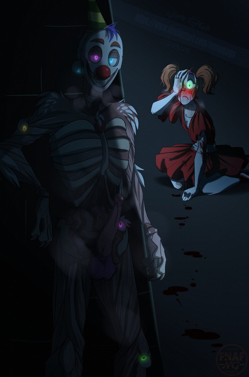 absurd_res ambiguous_gender animal_humanoid anthro baby_(fnafsl) blood bodily_fluids circus_baby circus_baby_(fnaf) clothing costume ennard_(fnafsl) five_nights_at_freddy's genitals hi_res humanoid male male_focus mammal mammal_humanoid namygaga penis tagme video_games