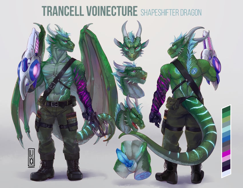 1boy absurd_res anthro bioluminescence blue_hair boots corruption crossbow crossbow_bolts dragon genitals glowing glowing_genitalia glowing_penis green_body hair hi_res high_tech luki3m male male_only military military_clothing model_sheet penis ranged_weapon ref-sheet shape_shifter solo solo_male trancell trancell_voinecture weapon wings