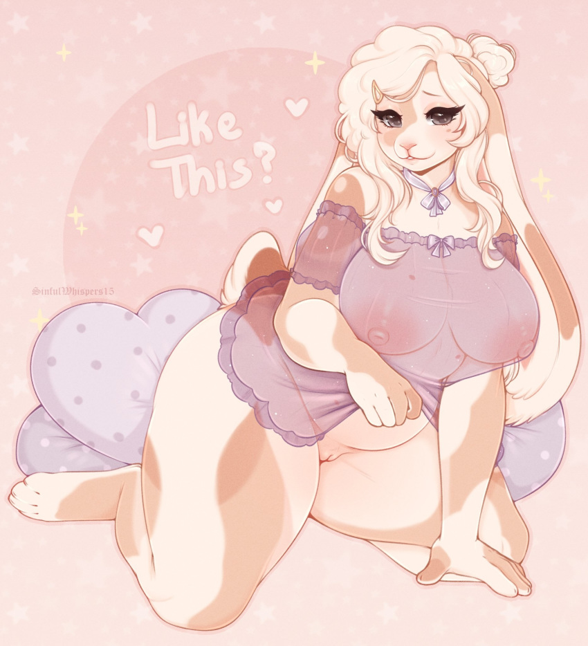 <3 2020 anthro big_breasts blonde_hair bottomless breasts dialogue english_text female female_focus female_only fur furry furry_only genitals hair heart hi_res ineffective_clothing kneeling lagomorph leporid long_ears looking_at_viewer mammal mostly_nude naked nightgown nude pillow pussy rabbit simple_background sinfuldreams15 slightly_chubby solo solo_female solo_focus tail text thick_thighs topwear