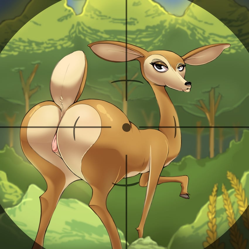 absurd_res antelope ass big_butt big_ears bovid crosshair deer detailed_background female female_feral feral genitals giselle_(open_season) hi_res huge_butt long_ears looking_back mammal open_season open_season_2 parumpi pussy quadruped raised_tail solo