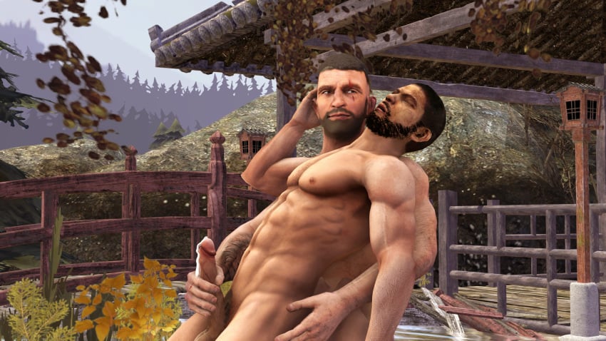 2boys abs anal_sex beard bird_house black_hair brown_hair cum cum_dripping cumshot david_king dead_by_daylight erect_nipples erection eyes_closed facial_hair fence gay hand_behind_another's_head hand_on_ass hand_on_head handjob holding_penis jake_park long_penis male_only muscular_male nude orgasm_face outdoors pecs pleasure_face reach_around scar_across_eye scars veiny_muscles veiny_penis video_games