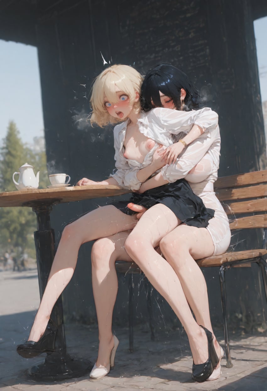 1femboy 1futa ai_generated anal black_hair black_haired_futa blonde_femboy blonde_hair blue_eyes bob_cut breast_size_difference breasts dickgirl dress dress_lift exposed_balls exposed_penis femboy feminine_male feminization futa_on_femboy futa_on_male futanari hannai high_heels hug hugging hugging_another hugging_from_behind implied_anal intersex large_breasted_futa large_breasts legs_apart male moaning nipples nipples_visible_through_clothing otoko_no_ko pale_skinned_femboy pale_skinned_futa penis penis_size_difference realistic_breast_size realistic_penis_size shirt shirt_open sitting sitting_on_lap size_difference skirt skirt_lift slight_breasted_intersex small_breasted_intersex surprised surprised_expression testicles trap wedge_heels