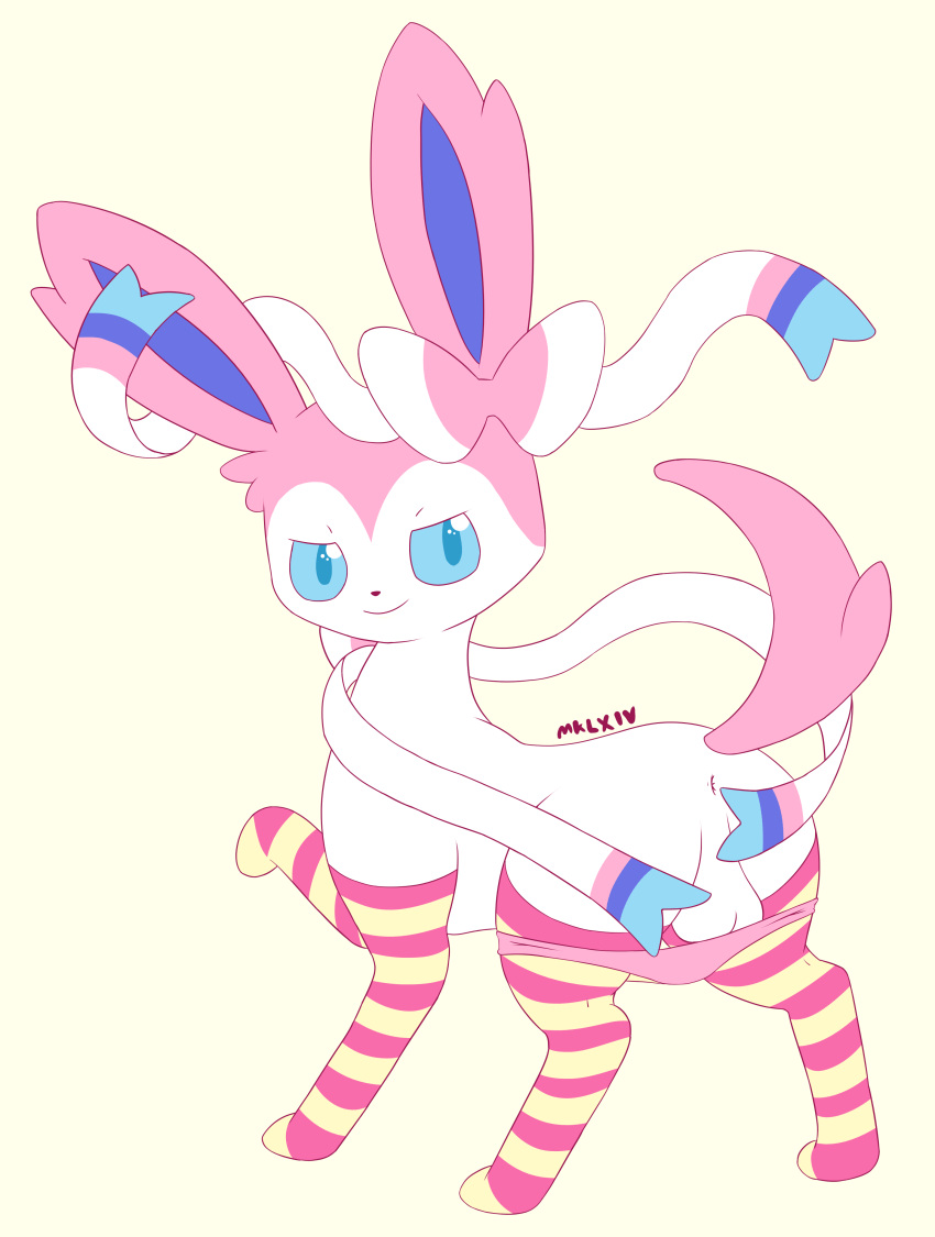 1boy absurd_res anus ass clothing eeveelution eye_contact femboy feral furry girly half-closed_eyes heart hi_res legwear looking_at_viewer looking_back male male_only male_sylveon mklxiv nintendo original_character panties pokémon_(species) pokemon pokemon_xy presenting presenting_hindquarters solo stockings sylveon testicles text underwear video_games watermark