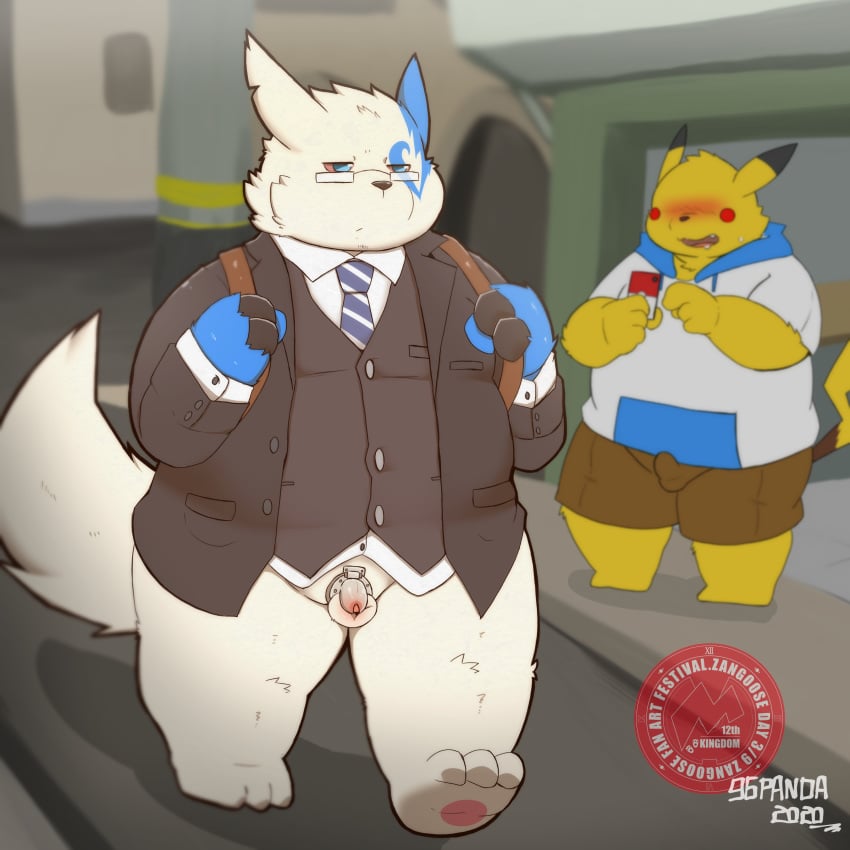 2020 96panda 96panda_hk absurd_res alternate_color anthro belly blush bottomwear bulge chastity_cage chastity_device clothing duo erection erection_under_clothing eyewear furry glasses hi_res hoodie kemono male male/male male_only mammal necktie nintendo outside overweight overweight_male penis pikachu pokémon_(species) pokemon pokemon_(species) shiny_pokemon shiny_zangoose shirt shorts testicles text topwear video_games watermark yellow_body zangoose