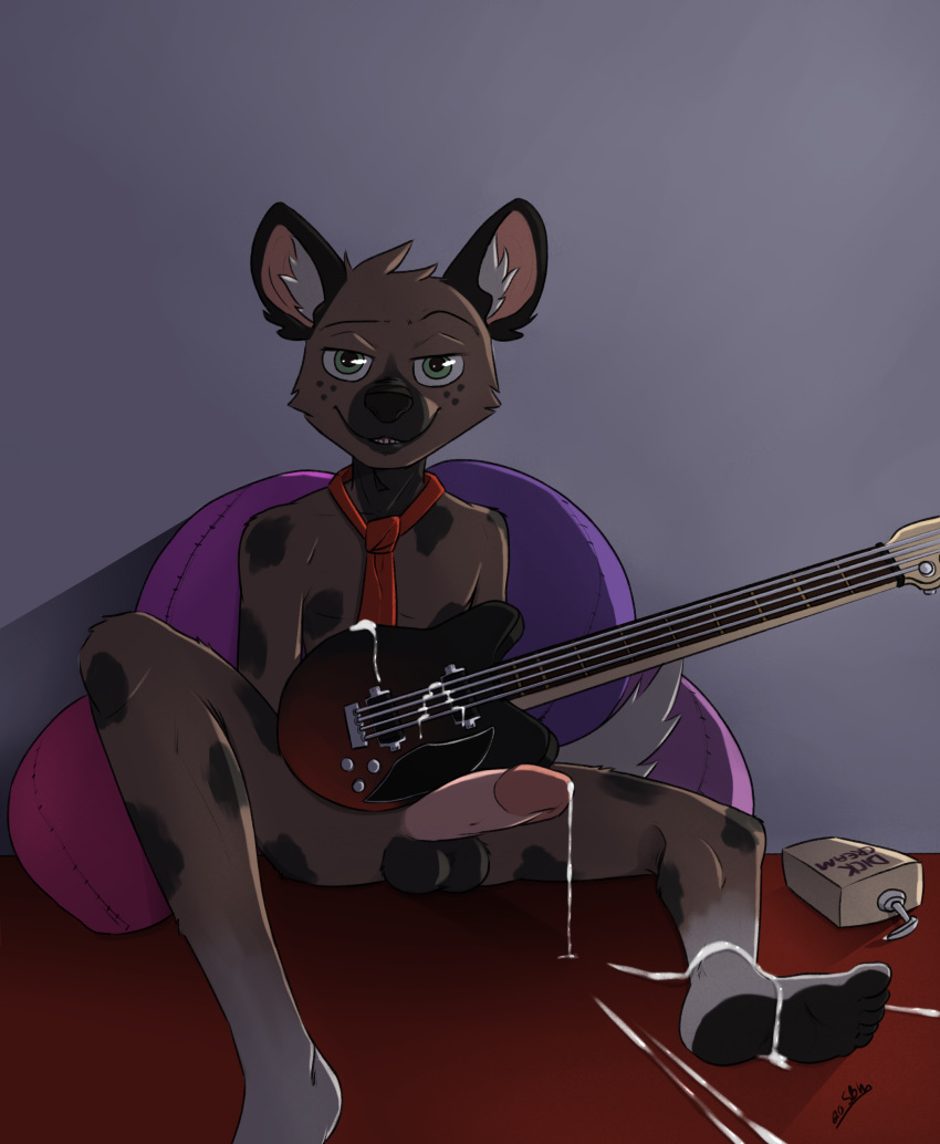 1boy absurd_res aggressive_retsuko anthro balls bodily_fluids brown_body brown_fur cum cum_on_self cushion fur genital_fluids genitals guitar haida hi_res humanoid_genitalia humanoid_penis hyaenid lotion lube male male_only mammal musical_instrument necktie penis pillow plucked_string_instrument sanrio silas_blackwing smooth_fur solo solo_male spots spotted_hyena string_instrument white_tail