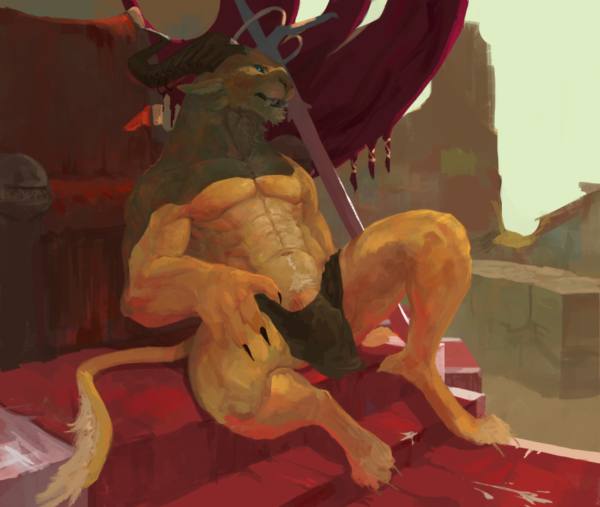 4_ears abs absurd_res anthro bodily_fluids charr claws clothed clothing cum cum_on_ground digital_media_(artwork) felid fur genital_fluids genitals green_eyes guild_wars hi_res horn loincloth male male_only mammal multi_ear muscular muscular_male neungsonie orange_body orange_fur pecs penis pub solo video_games