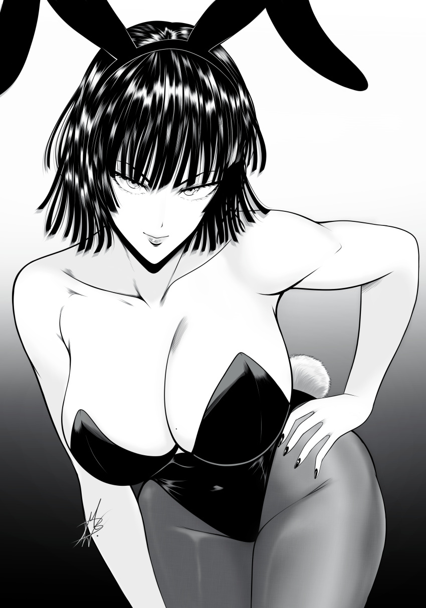 1girls bare_arms bare_shoulders big_breasts black_hair bunny_ears bunny_tail bunnysuit clothed clothing color female female_focus female_only fubuki_(one-punch_man) hi_res large_breasts light-skinned_female light_skin mostlybluewyatt no_bra one-punch_man short_hair solo solo_female tagme thick_thighs