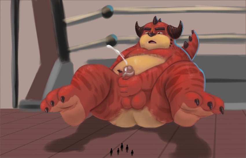 absurd_res anthro ass belly bodily_fluids cum dragon genital_fluids genitals hi_res humanoid_genitalia humanoid_penis macro male male_only micro monster obese overweight overweight_male penis red_body rumble_(film) smaller_version_at_source solo steve_(rumble) testicles themorghull