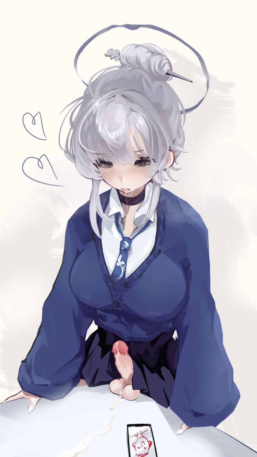 absurdres black_choker black_skirt blue_archive blue_cardigan blue_necktie breasts cardigan cellphone choker collared_shirt crotch_rub cum doodle_sensei_(blue_archive) erection female fromoutremer futanari futanari_masturbation grey_eyes grey_hair grey_halo hair_ornament hair_stick halo heart highres itokonoue_kaoru large_breasts long_sleeves masturbation necktie open_mouth penis phone project_kv saliva saliva_trail sensei_(blue_archive) shirt simple_background skirt smartphone solo table_humping testicles tongue tongue_out uncensored white_background white_shirt