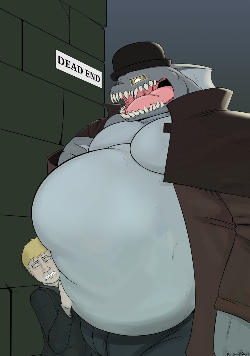 anglerfish anglerfish_humanoid belly belly_squish big_belly coat evergreenplate fish fish_humanoid glowing_eyes hat human_prey imminent_vore innsmouth larger_male larger_pred lovecraft lovecraftian male_pred male_prey sharp_teeth smaller_prey unwilling_prey