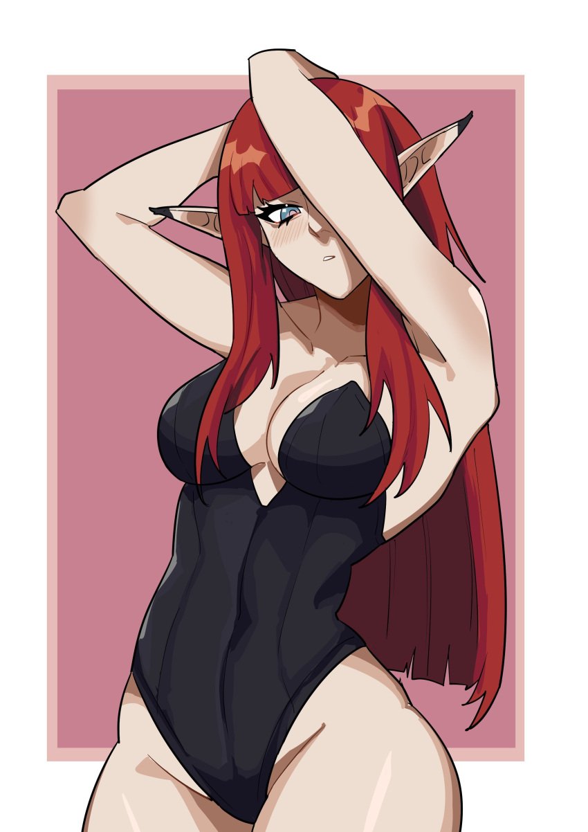 2024 arms_above_head arms_up atlus bangs big_breasts blue_eyes blush breasts bunnysuit eiselin_hulkenberg elf_ears elf_female hulkenberg long_ears long_hair looking_at_viewer metaphor:_refantazio pointy_ears posing red_hair sega thick_thighs