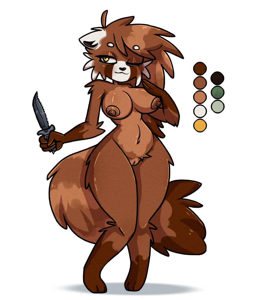 3_toes 4_fingers absurd_res ailurid amber_eyes anthro big_breasts black_nose breasts brown_body brown_fur brown_nipples elk_ridge_(cutlery) erect_nipples eyewear fckinmaggot feet female fingers fluffy fluffy_tail fur genitals glasses hair hi_res holding_object keiko_(vex714) knife long_hair mammal model_sheet navel nipples nude one_eye_closed pussy red_panda round_glasses shadow simple_background smile solo standing tail toes white_background white_body white_fur wide_hips