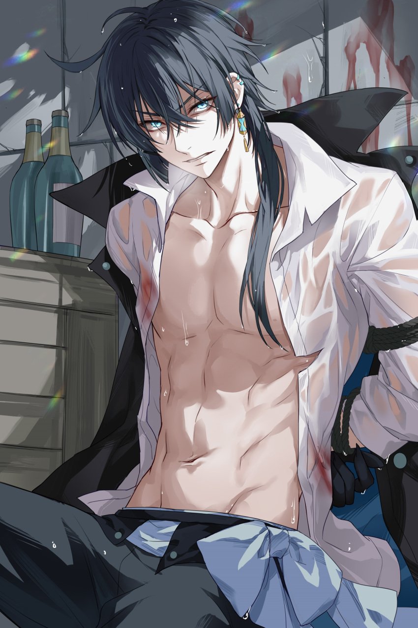 1boy abs black_hair blood blue_eyes bondage bottle bound devil_heavens earrings injury long_hair looking_at_viewer male male_only navel open_clothes open_shirt pectorals rope shirt solo solo_male tagme toned toned_male vanitas_(vanitas_no_carte) vanitas_no_carte wet